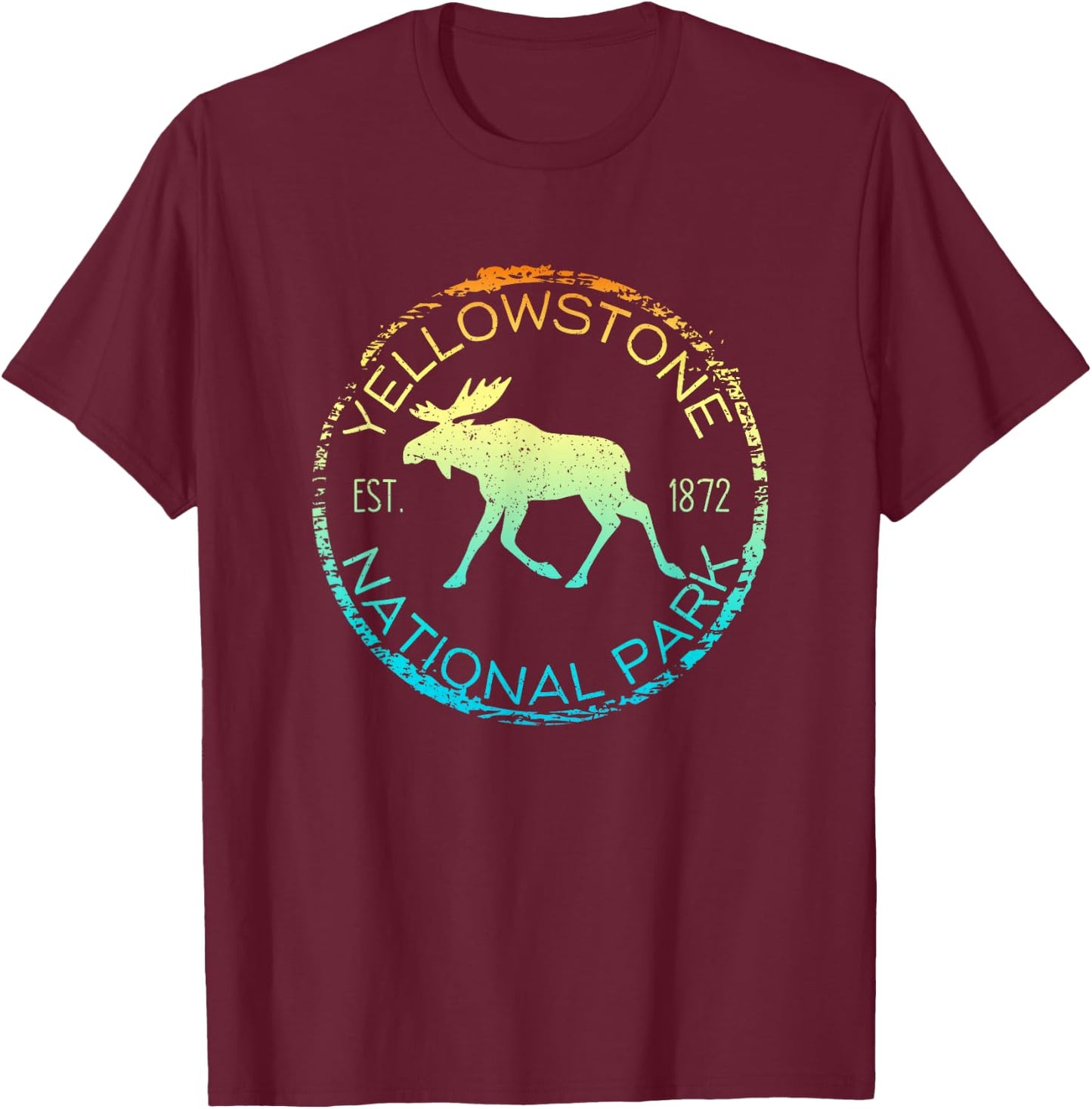 Yellowstone National Park Wyoming Retro Moose Hiker Souvenir T-Shirt - T-Shirt | Maroon