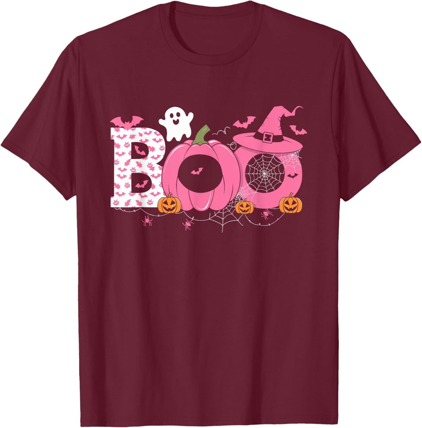 Boo Halloween Pumpkin Pink Ribbon Witch Breast Cancer T-Shirt - T-Shirt | Maroon