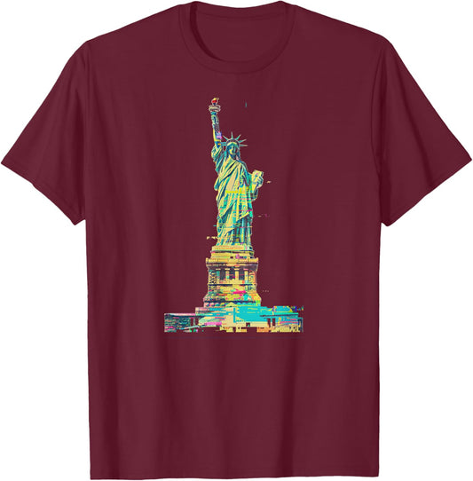 Glitch Art Statue of Liberty Cyan Magenta Yellow T-Shirt - T-Shirt | Maroon