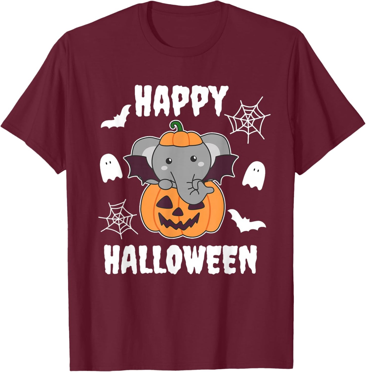 Elephant Happy Halloween Pumpkin Bat Elephant T-Shirt - T-Shirt | Maroon