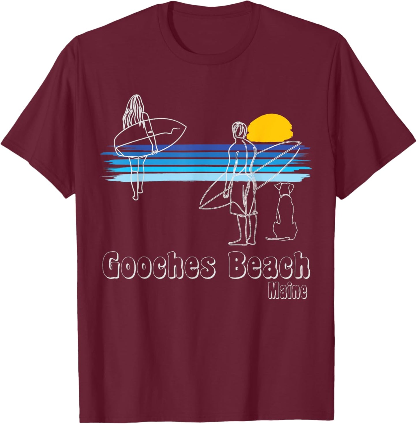 Gooches Beach Maine Surf Guy, Girl with dog Surfing T-Shirt - T-Shirt | Maroon