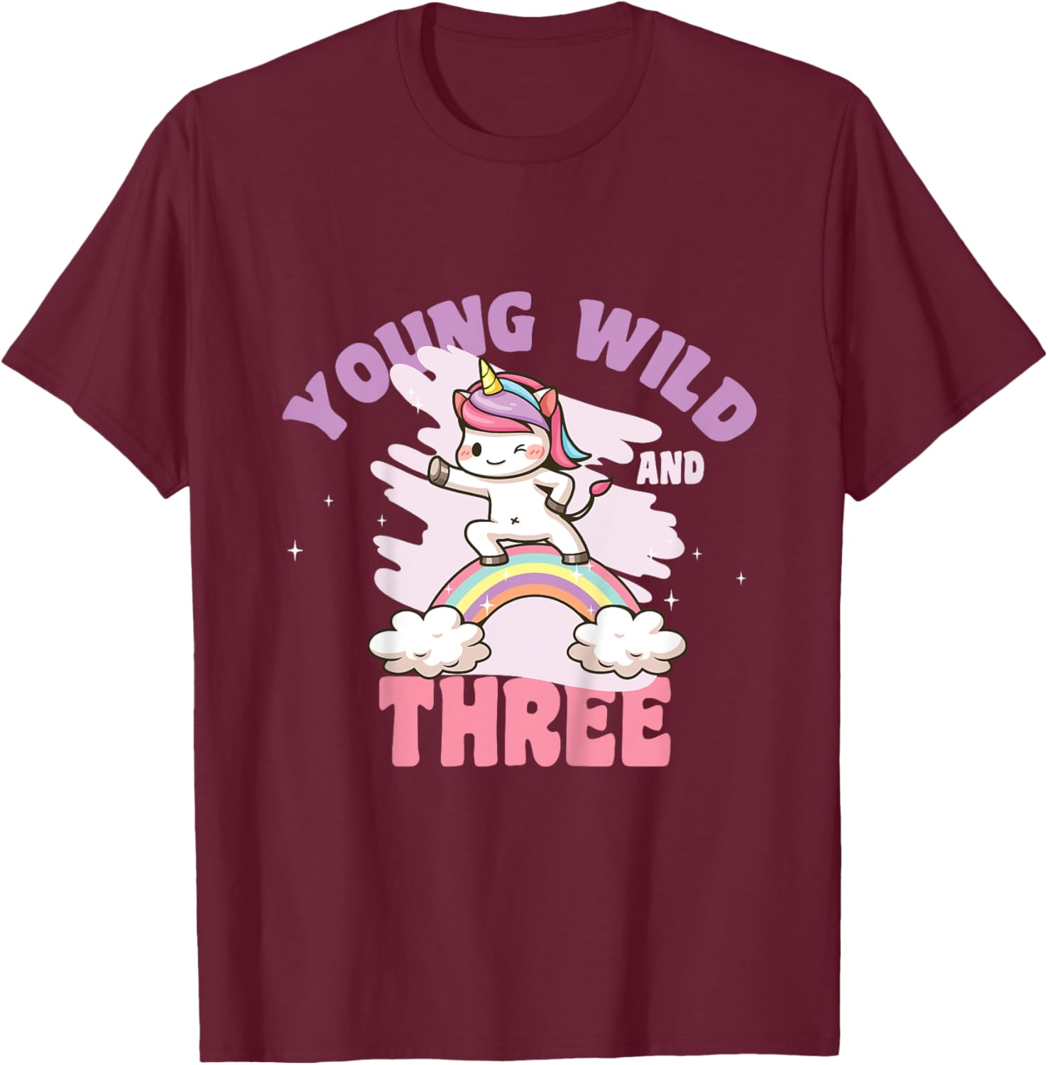 Young Wild & Three - Funny 3rd Birthday Kids Unicorn Girls T-Shirt - T-Shirt | Maroon