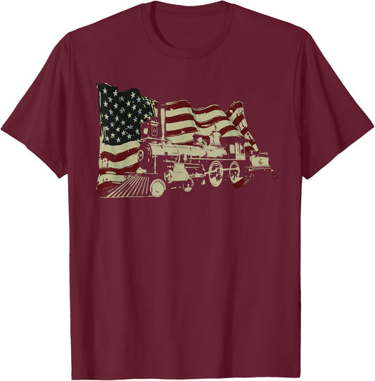 Steam Train Driver Trainspotting Locomotive American Flag T-Shirt - T-Shirt | Maroon