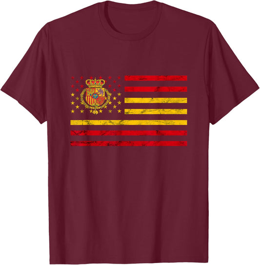 Spain American Flag Spanish Flag Espana Crown Spanish Roots T-Shirt - T-Shirt | Maroon