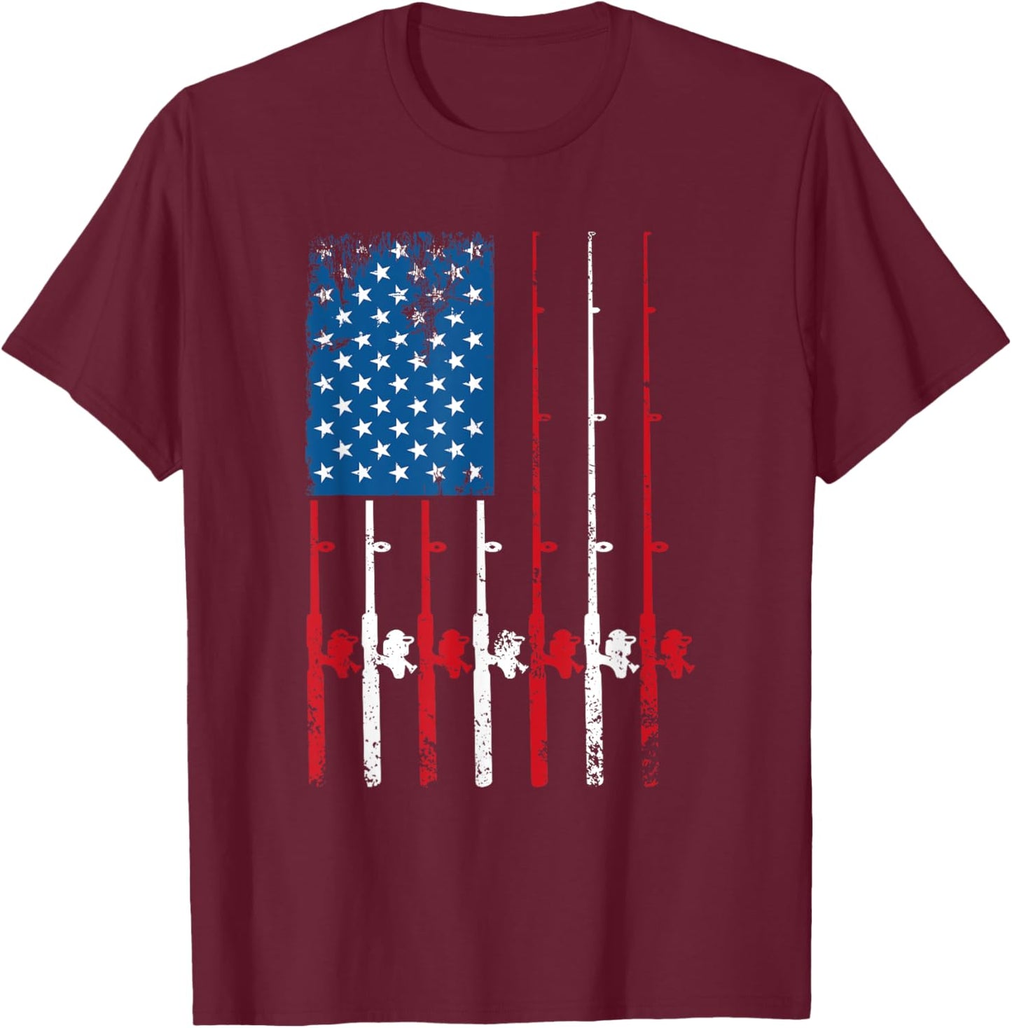 American Flag Fishing Rod Fishing Lover Vintage Fisherman T-Shirt - T-Shirt | Maroon