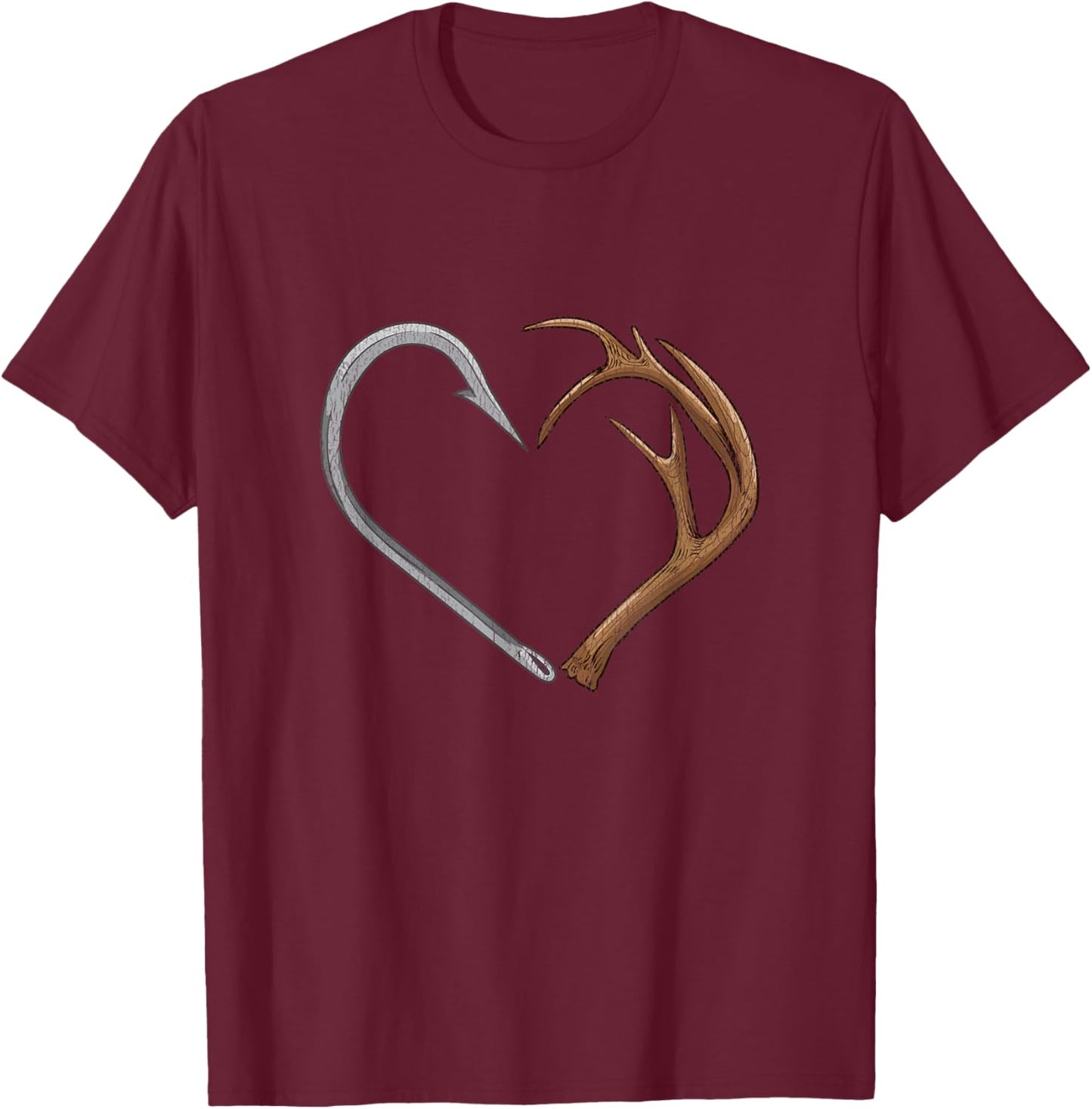 Fish Hook Elk Antlers Heart Hunting Love T-Shirt - T-Shirt | Maroon