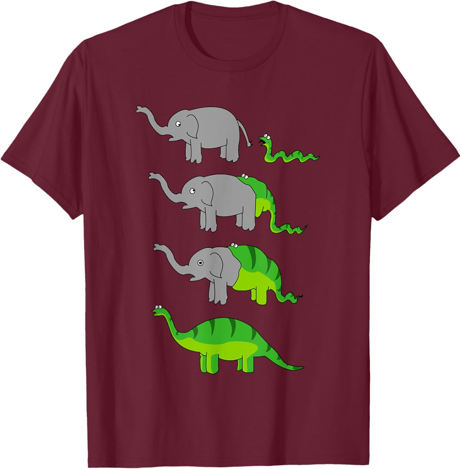 How Dinosaurs are were created - Comic Snake eating Elephant T-Shirt - T-Shirt | Maroon
