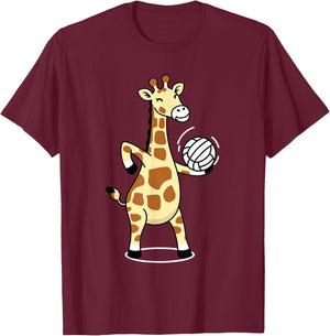 Giraffe Playing Volleyball Funny Whimsical Cartoon Graphic T-Shirt - T-Shirt | Maroon