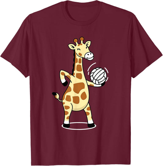 Giraffe Playing Volleyball Funny Whimsical Cartoon Graphic T-Shirt - T-Shirt | Maroon