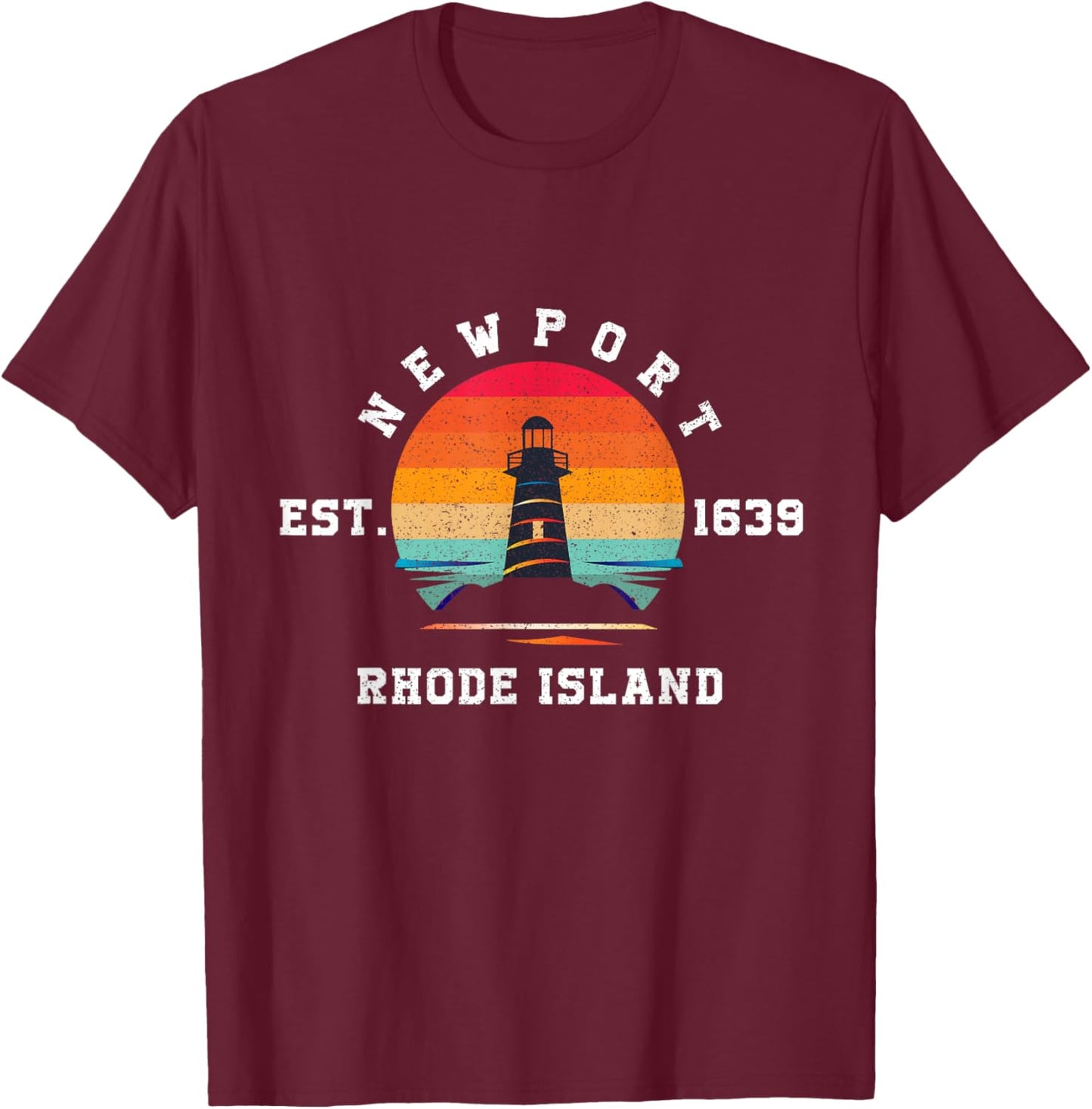 A Lighthouse in Vintage Retro Sunset Rhode Island Newport T-Shirt - T-Shirt | Maroon