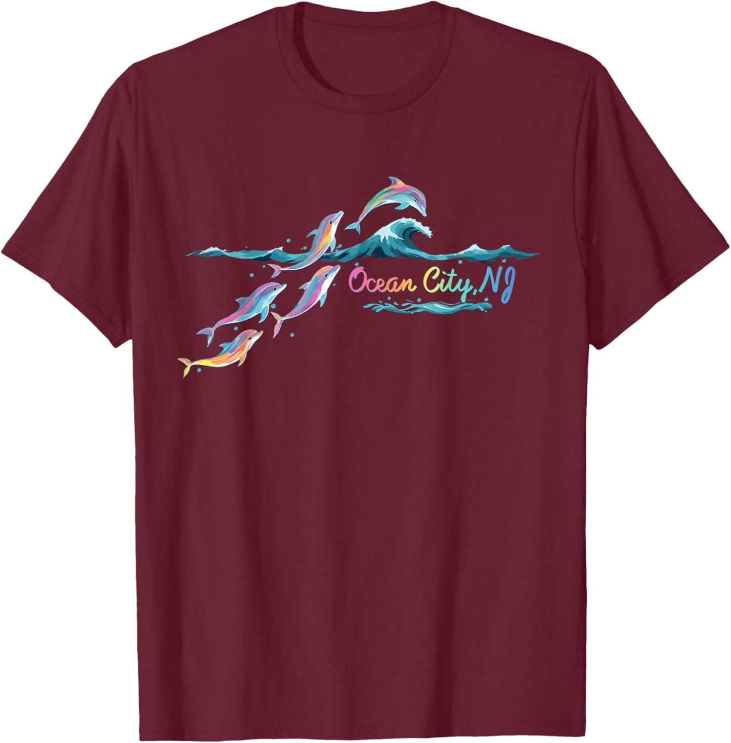 Ocean City NJ Colorful Dolphin Lover Beach Vacation T-Shirt - T-Shirt | Maroon