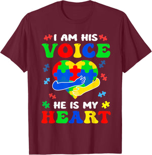 I'm His Voice He Is My Heart Autism Awareness T-Shirt - T-Shirt | Maroon