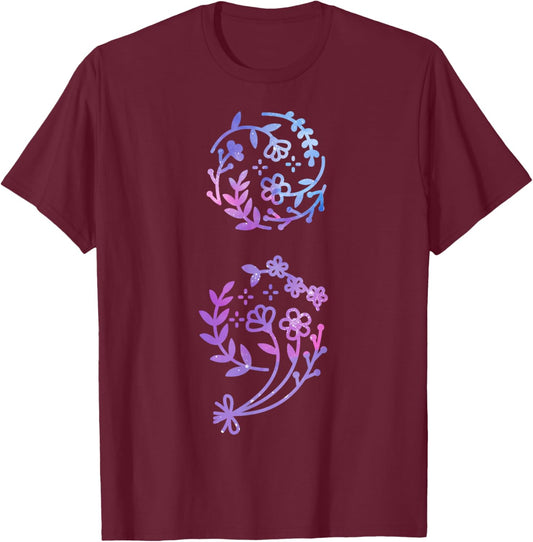 Semicolon Suicide Prevention Awareness Flower Teal Purple T-Shirt - T-Shirt | Maroon