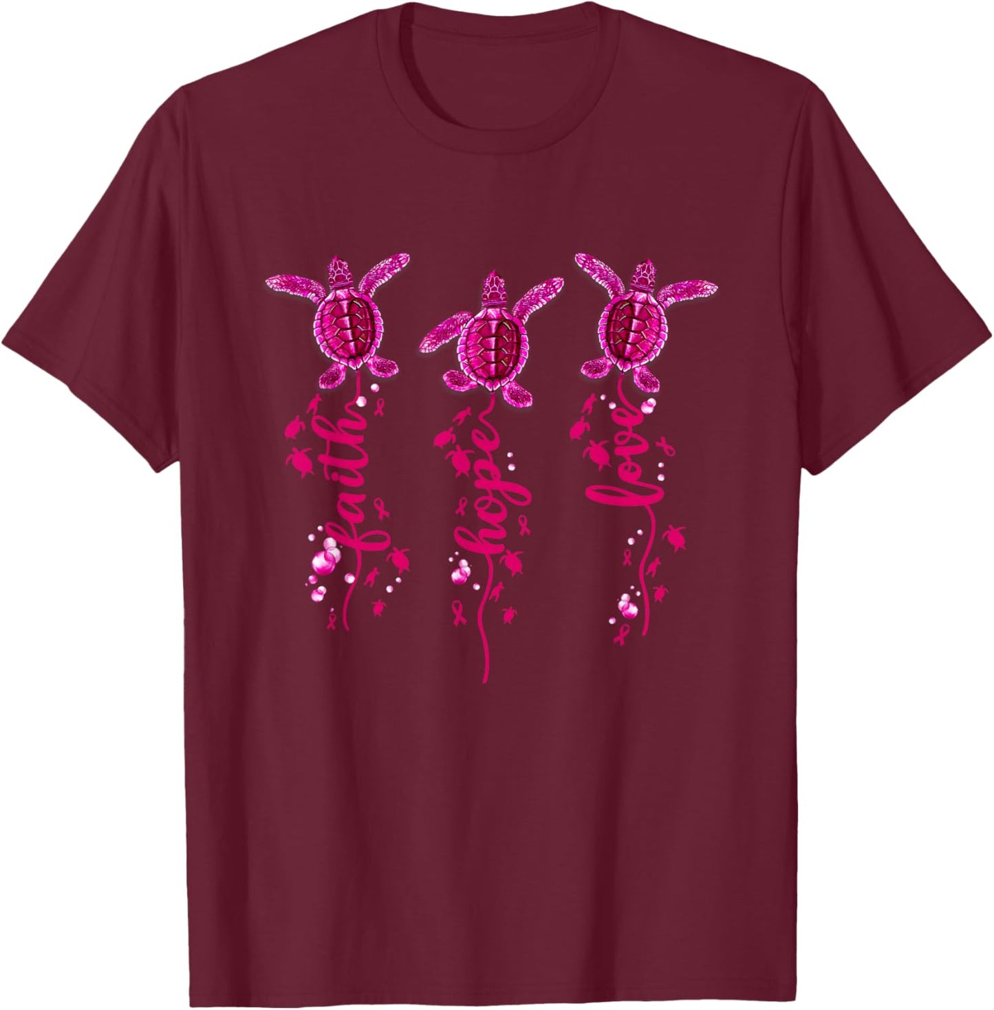 Turtle Faith Hope Love Pink Ribbon Breast Cancer Awareness T-Shirt - T-Shirt | Maroon