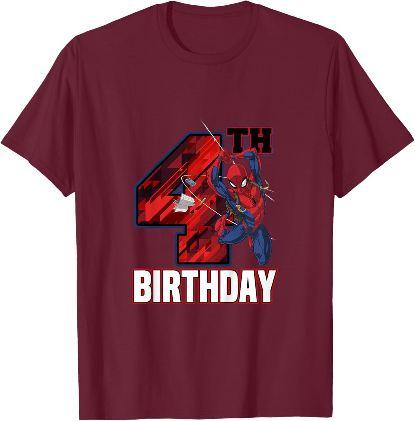 Kids Marvel Spider-Man Classic Epic Swinging 4th Birthday T-Shirt - T-Shirt | Maroon