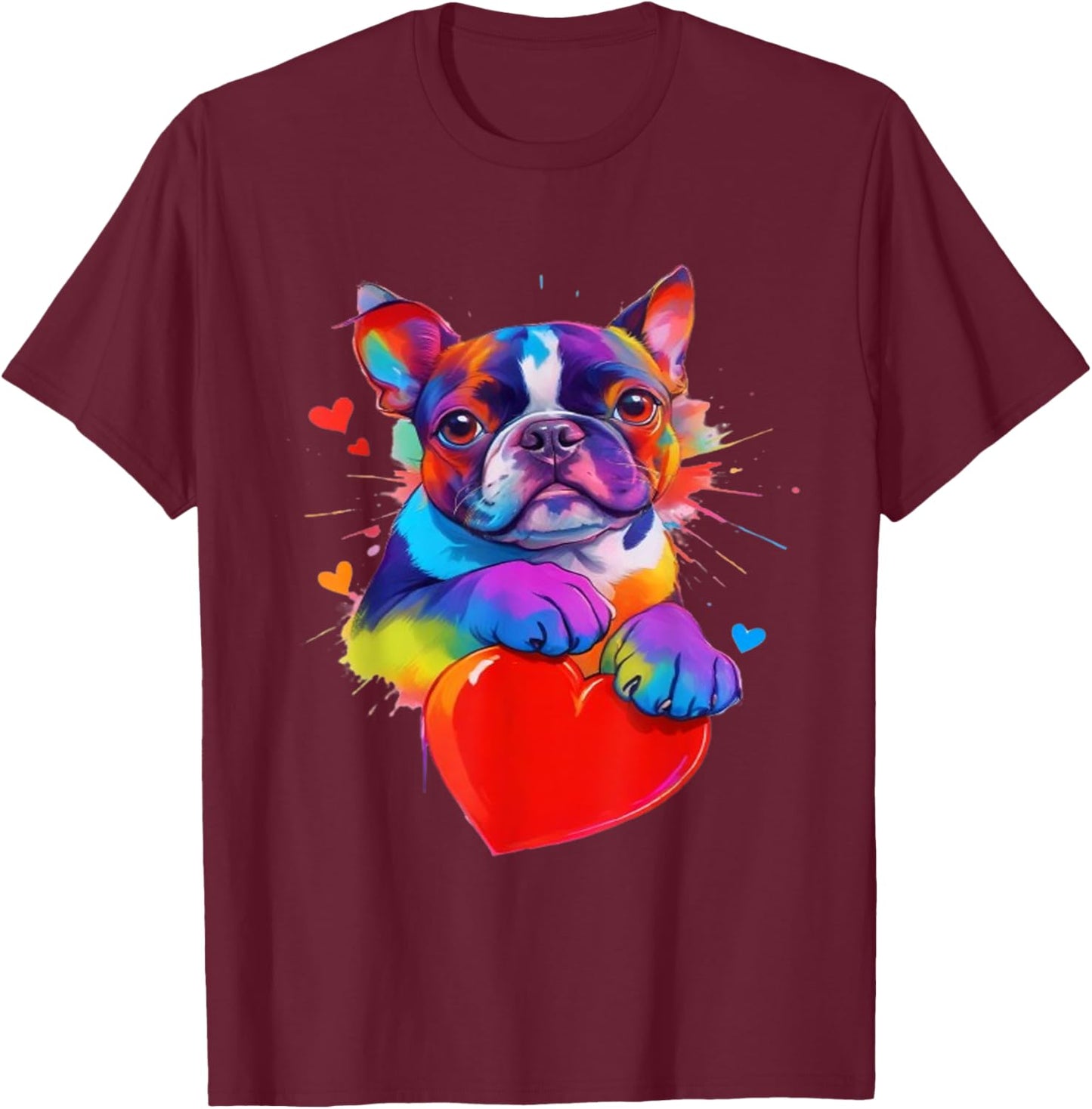 Boston Terrier Shirt - Colorful Boston Terrier Heart Graphic T-Shirt - T-Shirt | Maroon