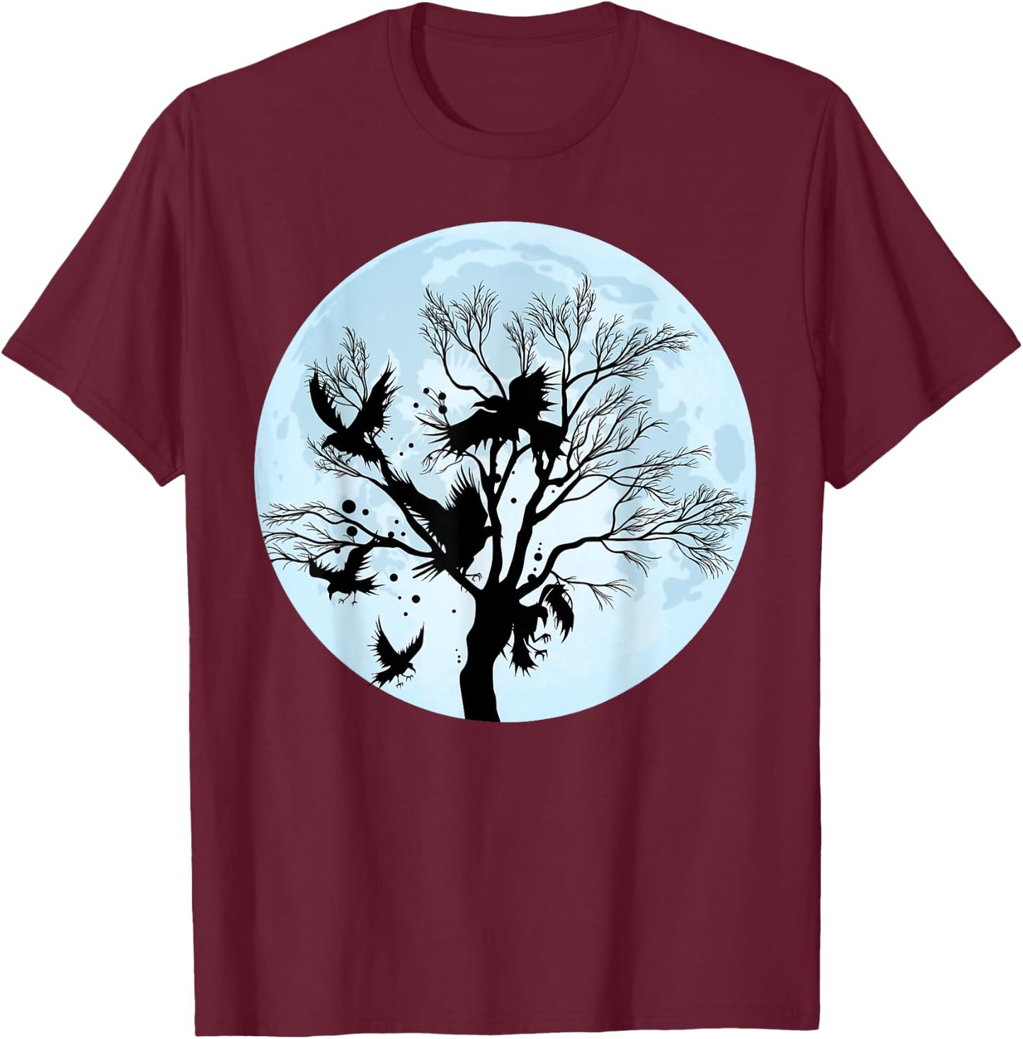 Moonlight Night Black Crow Forest Animal Bird Raven T-Shirt - T-Shirt | Maroon