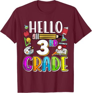 Hello 3rd Grade Back To School Teacher Student Kids T-Shirt - T-Shirt | Maroon
