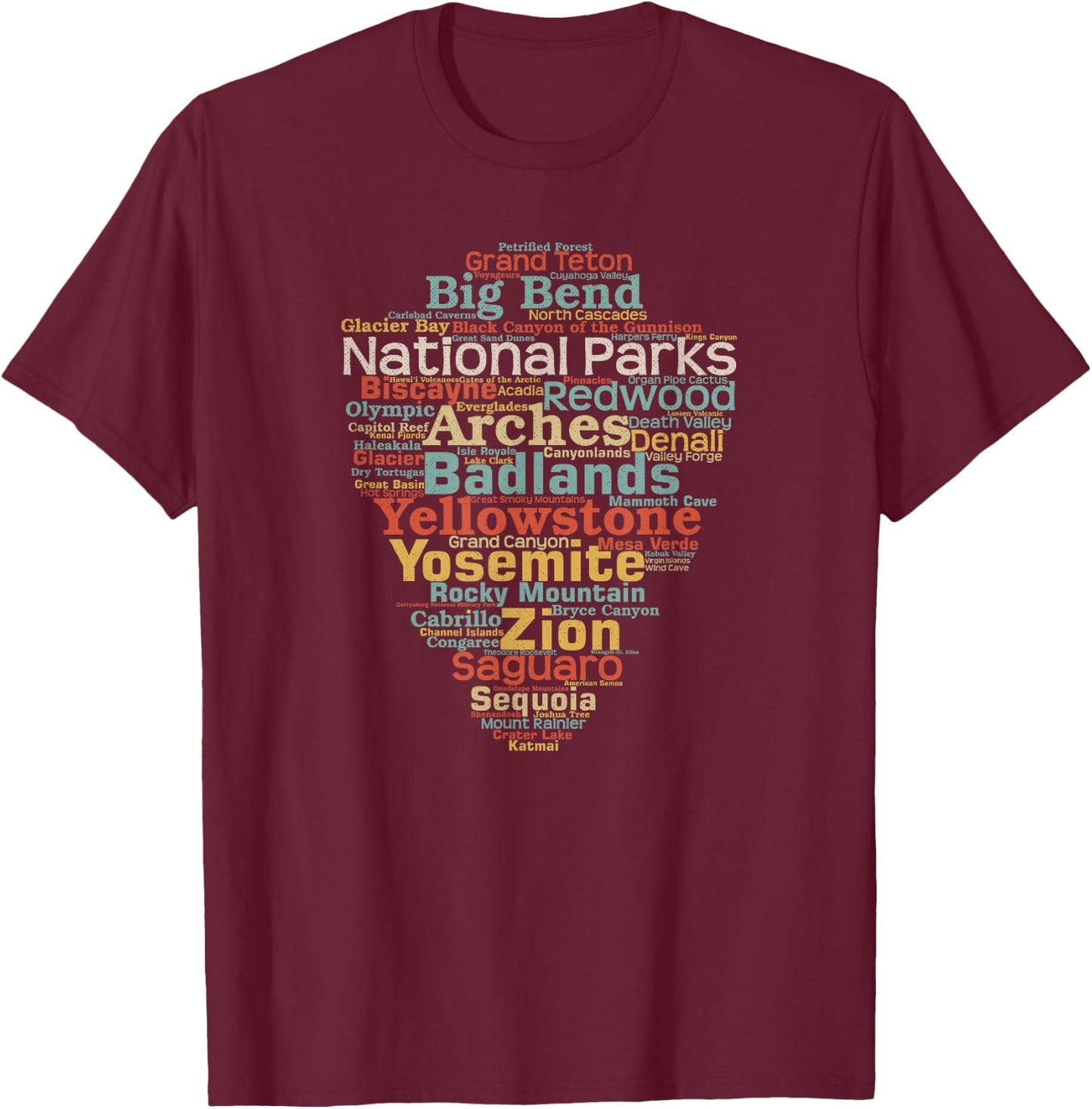 National Parks List US Word Cloud Art Camping Hiking T-Shirt - T-Shirt | Maroon