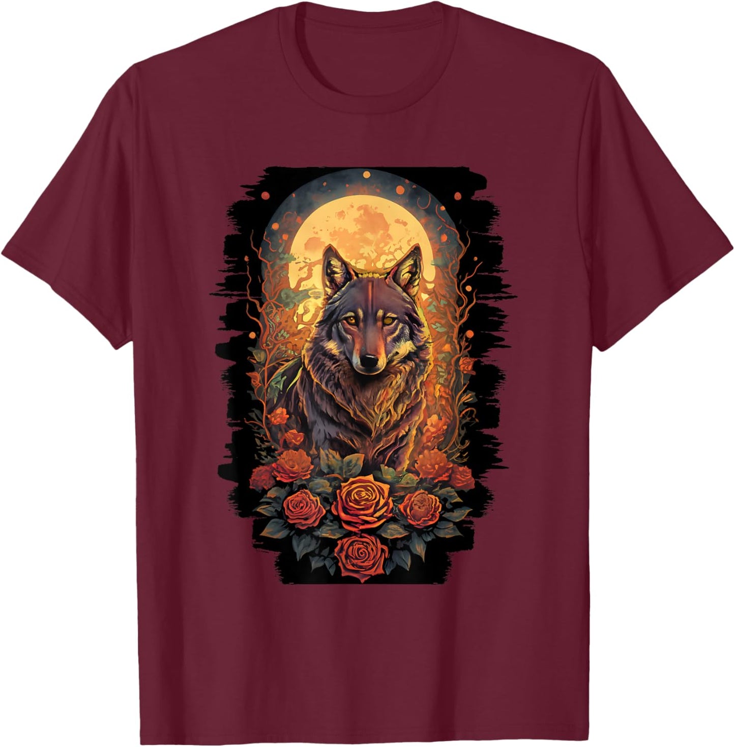 Botanical Wolf Women Roses Full Moon Kids Floral Wolf T-Shirt - T-Shirt | Maroon