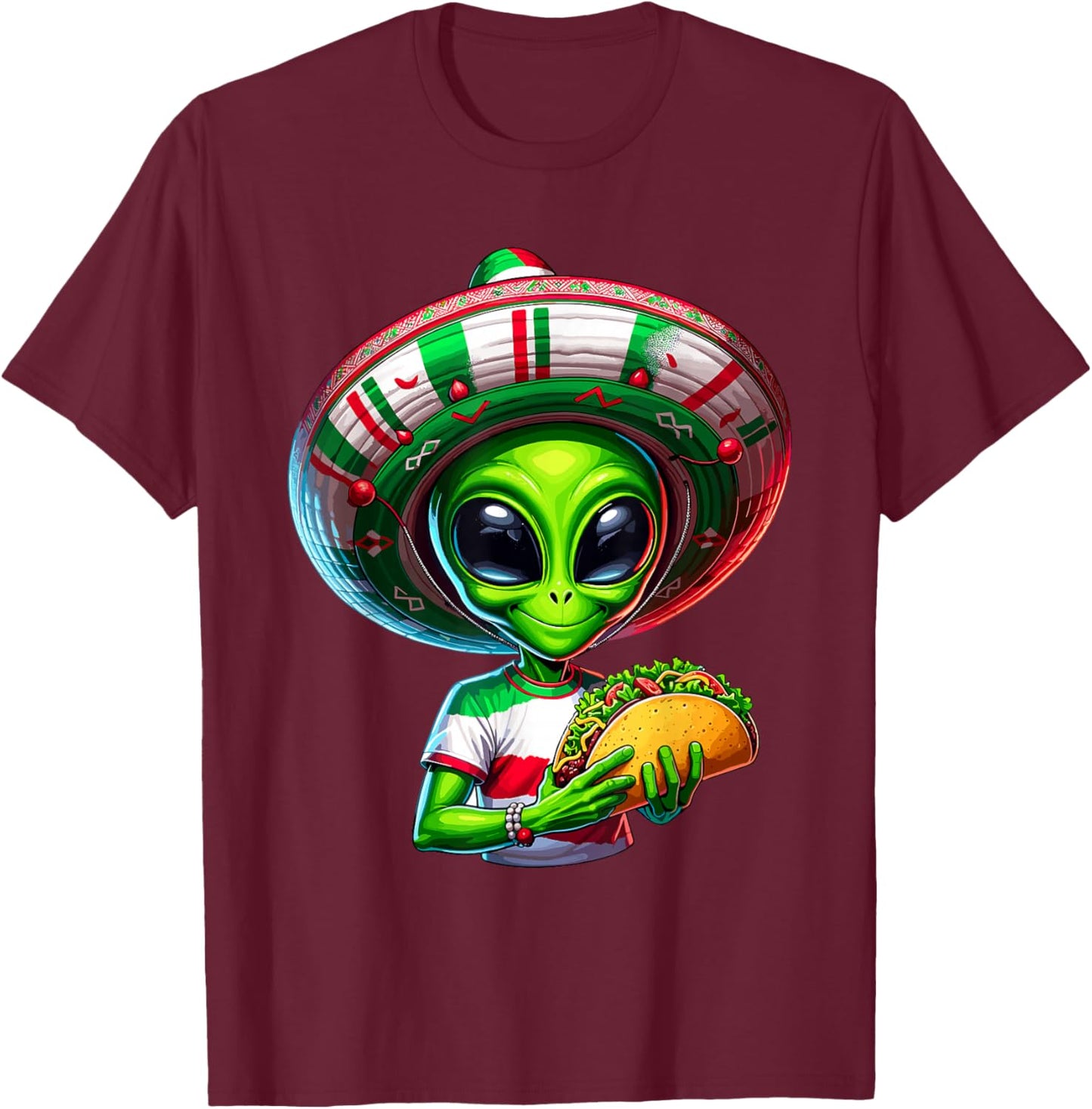 Alien Taco Cinco De Mayo Men UFO Mexico Flag Sombrero Tacos T-Shirt - T-Shirt | Maroon