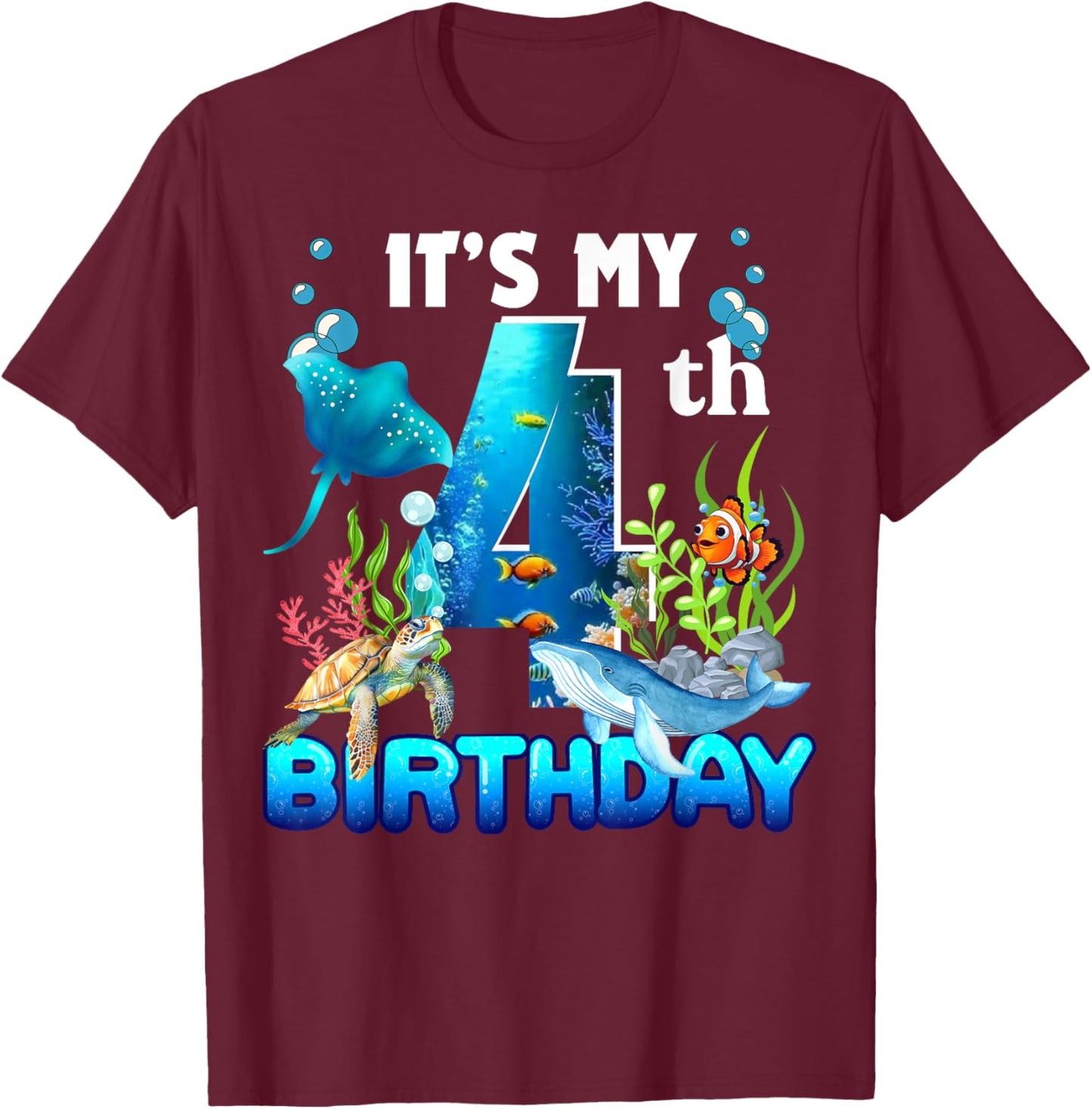 It's My 4th Birthday Party Ocean 4 Years Old Sea Fish B-Day T-Shirt - T-Shirt | Maroon