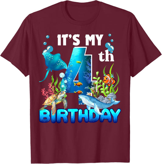 It's My 4th Birthday Party Ocean 4 Years Old Sea Fish B-Day T-Shirt - T-Shirt | Maroon