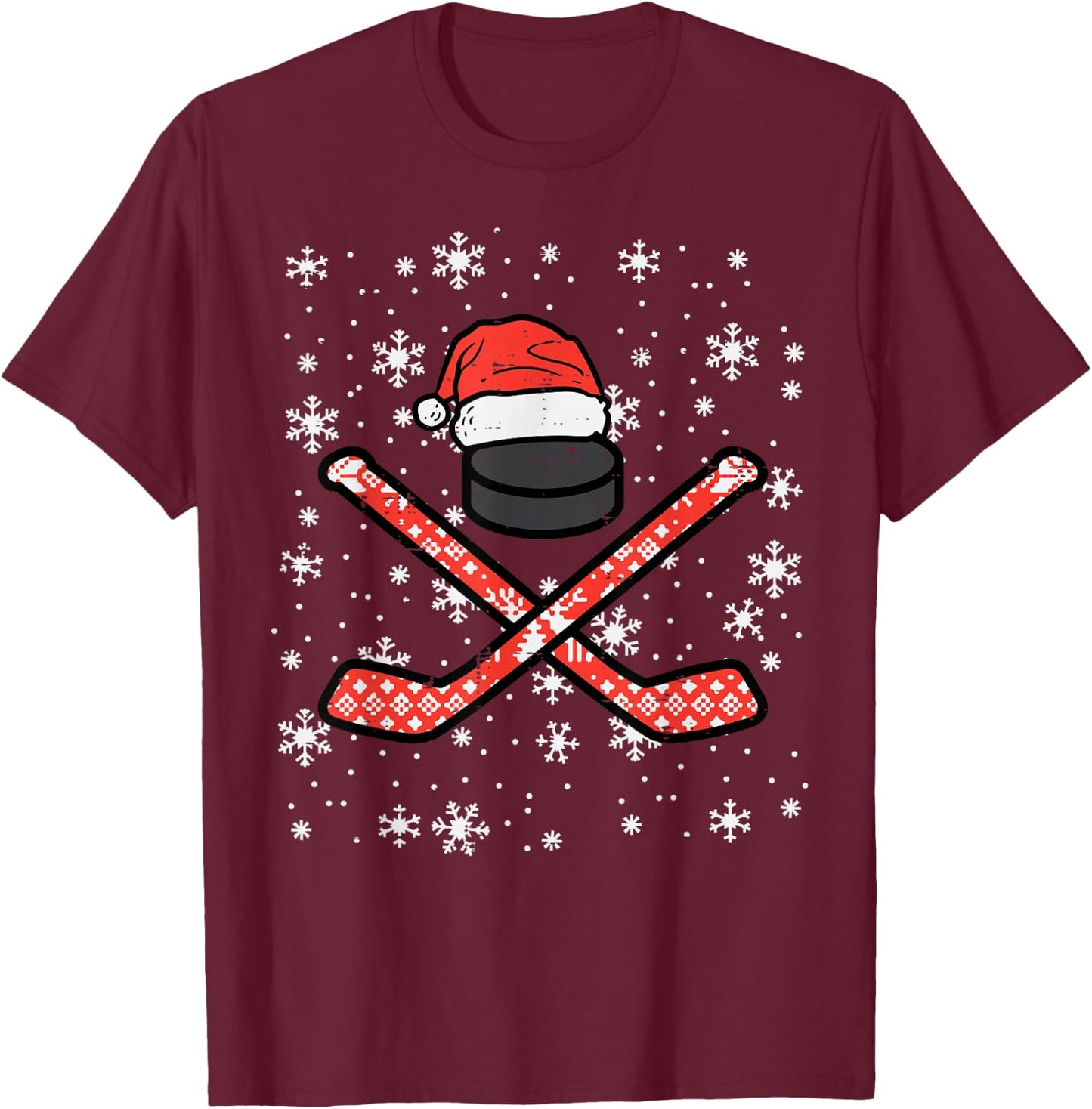 Christmas Ice Hockey Sticks Puck Xmas Sports Men Boys Kids T-Shirt - T-Shirt | Maroon