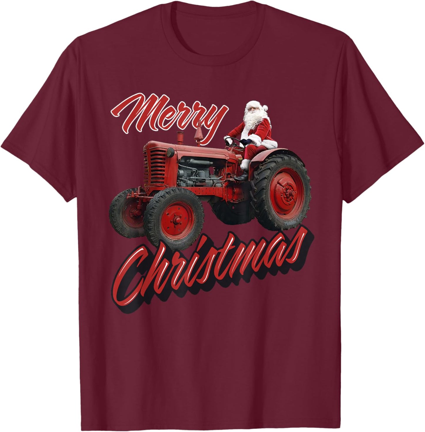 Merry Christmas Farm Tractor Santa Tractor Farmer Christmas T-Shirt - T-Shirt | Maroon