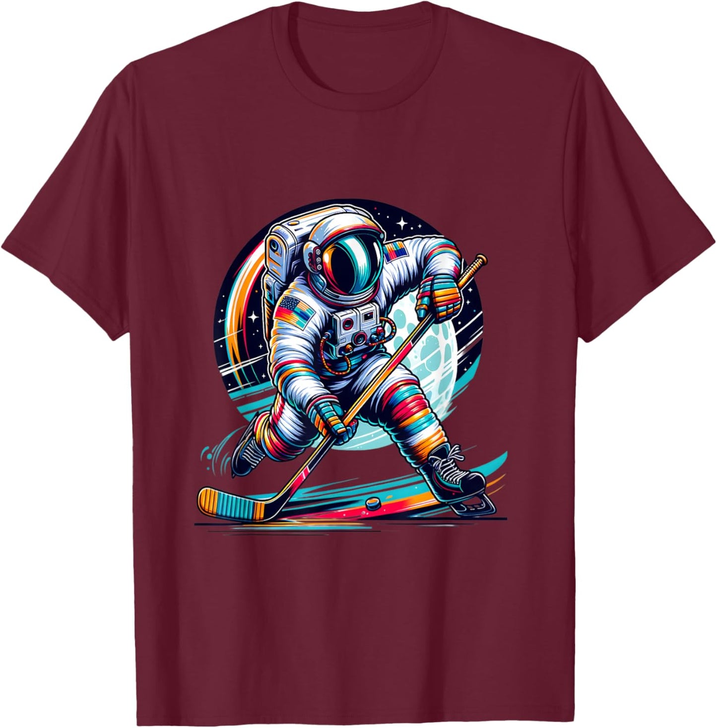 Ice Hockey Player Graphic Funny Astronaut Playing Ice Hockey T-Shirt - T-Shirt | Maroon