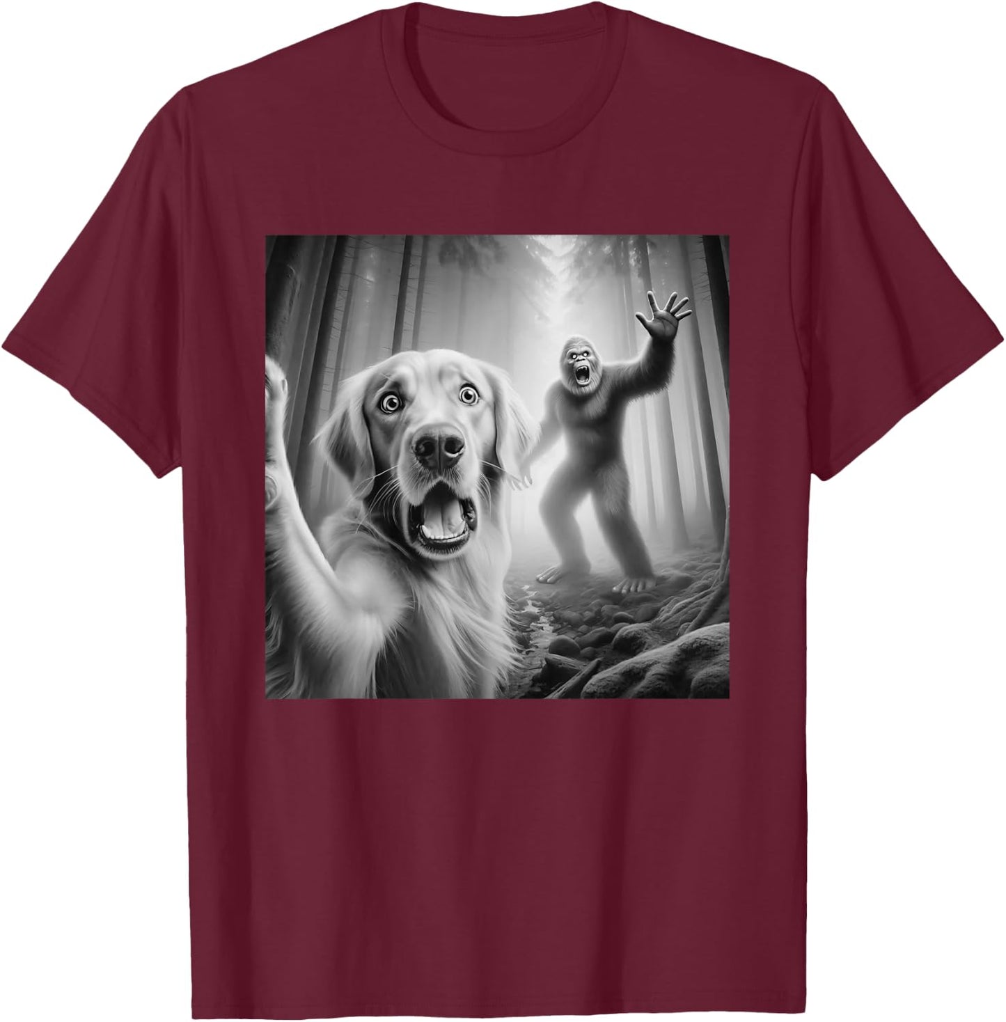 Funny Golden retriever Selfie with bigfoot sasquatch T-Shirt - T-Shirt | Maroon