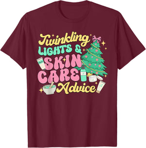 Twinkling Lights & Skin Care Advice, Dermatology Nurse Xmas T-Shirt - T-Shirt | Maroon
