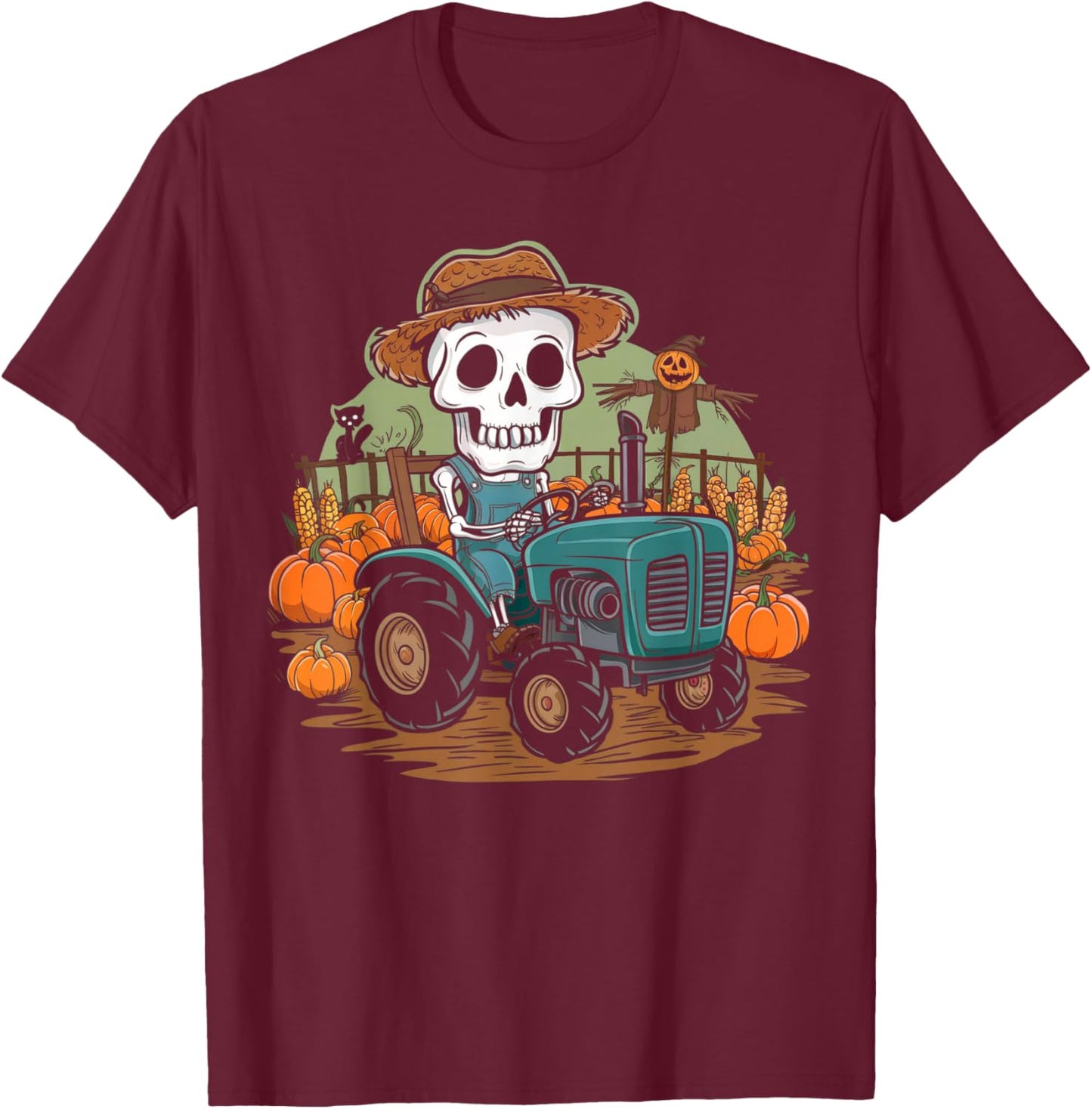 Halloween Farmer Shirt Spooky Tractor Farm Skeleton Farming T-Shirt - T-Shirt | Maroon