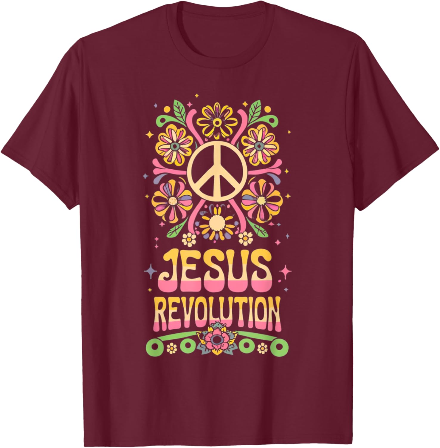 Jesus Revolution Christian Faith Retro Groovy Hippie Flower T-Shirt - T-Shirt | Maroon