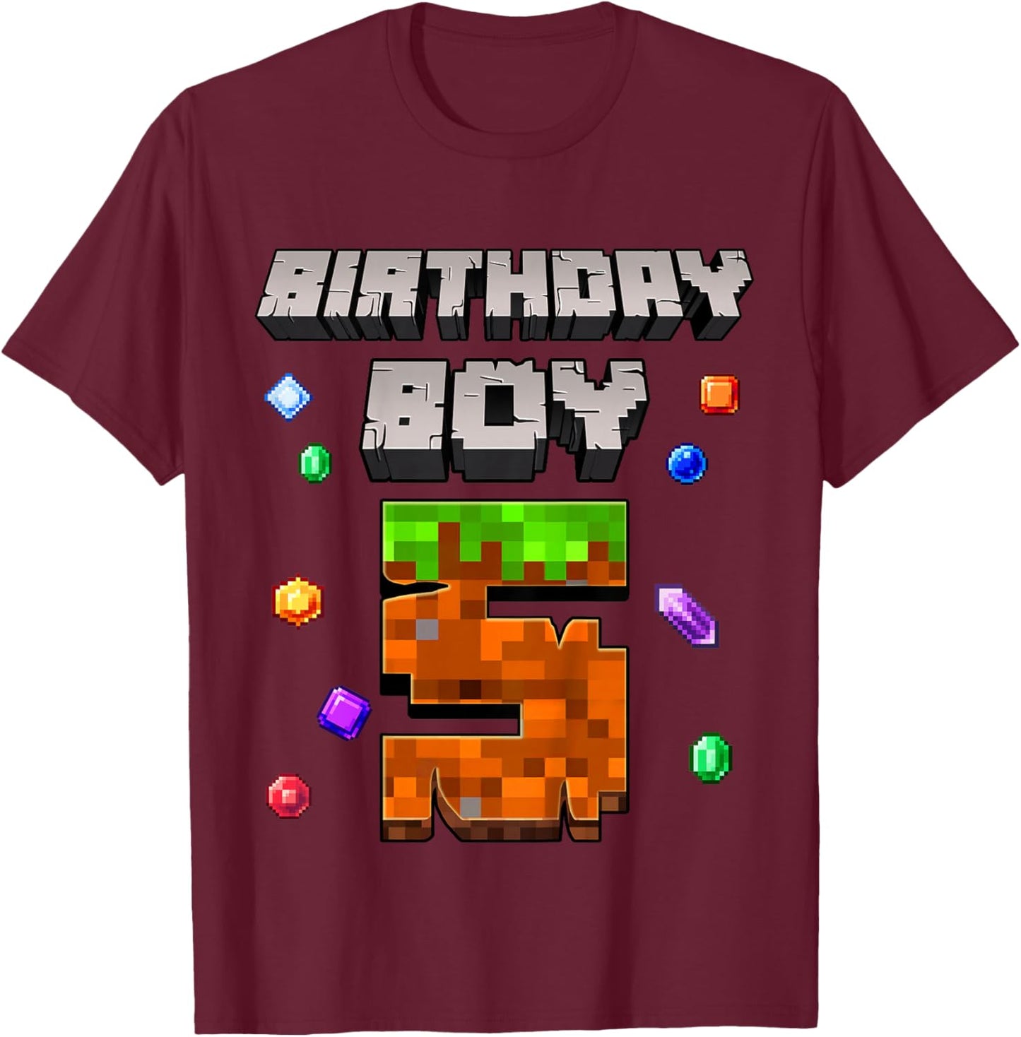 Kids 5th Birthday Boy 5 Video Gamer Pixel Number Five Bday Party T-Shirt - T-Shirt | Maroon