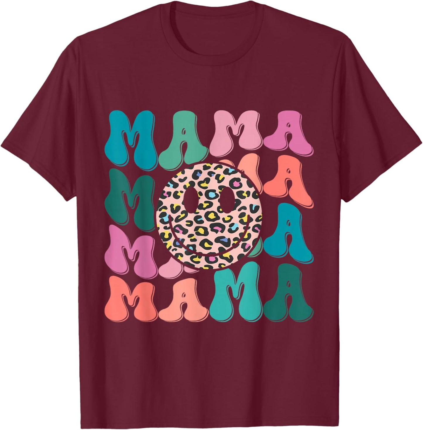 Retro Leopard Mama Groovy Face Trendy New Mom T-Shirt - T-Shirt | Maroon