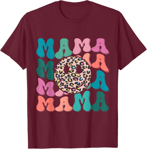 Retro Leopard Mama Groovy Face Trendy New Mom T-Shirt - T-Shirt | Maroon