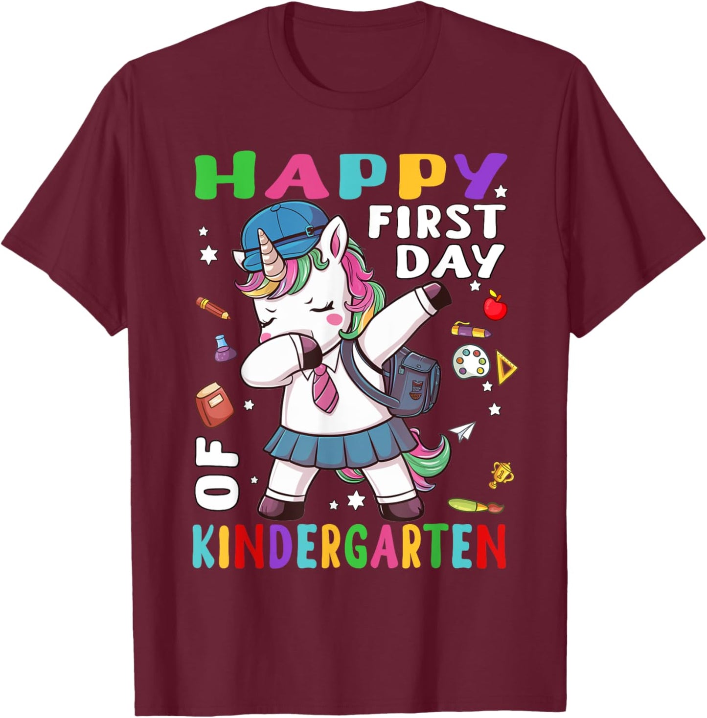 Happy 1st Day of Kindergarten Dabbing Unicorn Back to School T-Shirt - T-Shirt | Maroon