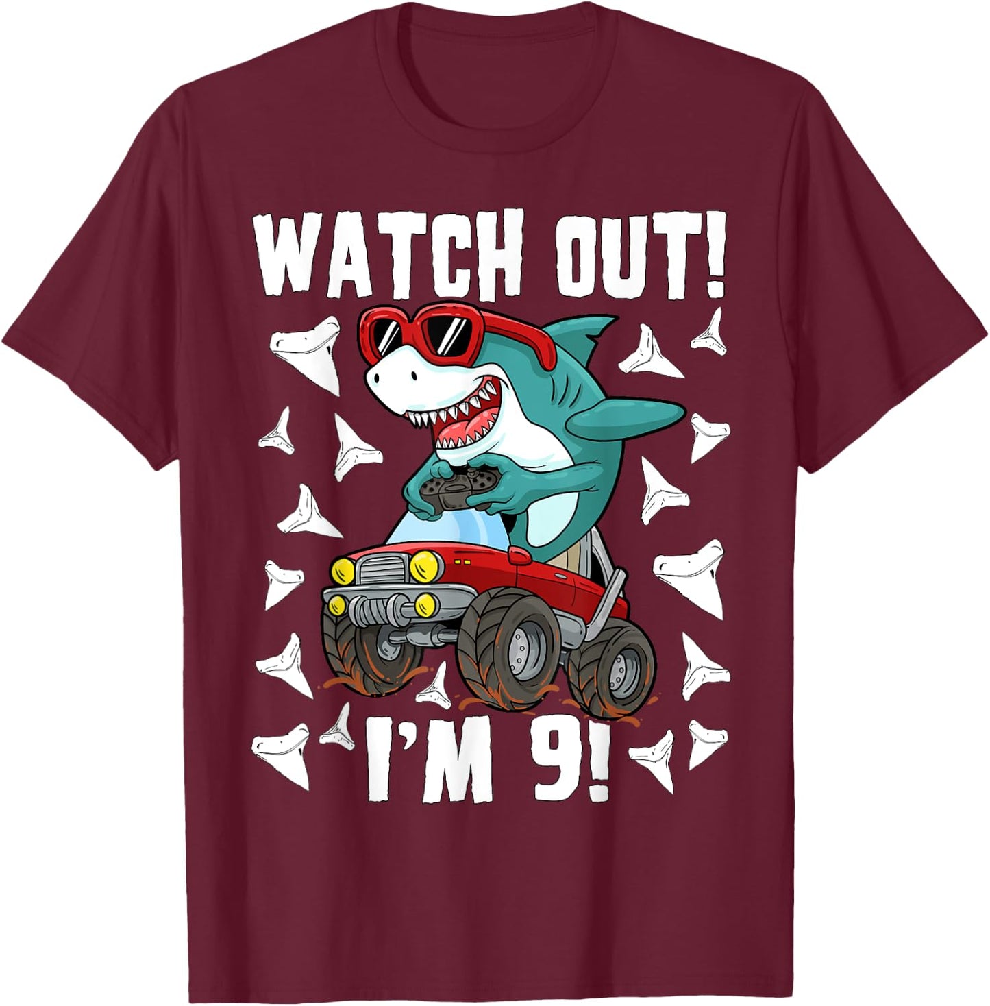9 Years Old 9th Birthday Shark Boy Girl Monster Truck Gamer T-Shirt - T-Shirt | Maroon