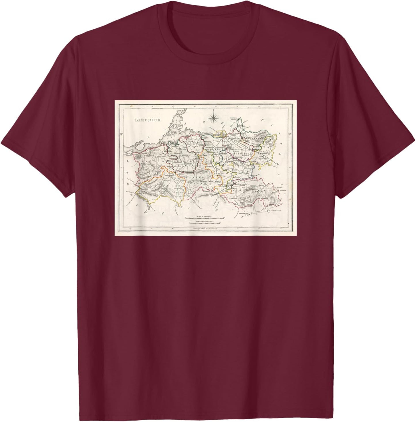 Vintage County Limerick Ireland Map (1846) T-Shirt - T-Shirt | Maroon