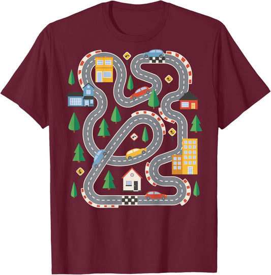 Cool Playmat Car Race Track On Back Cute Toddler Fathers Day T-Shirt - T-Shirt | Maroon
