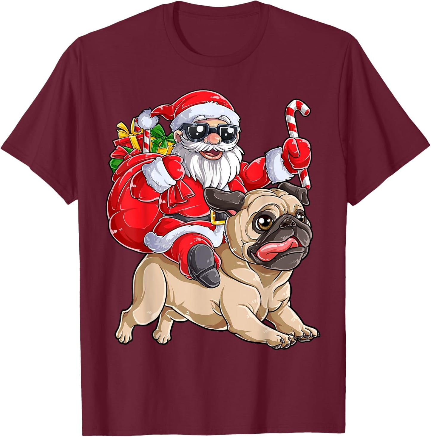 Christmas Santa Claus Riding Pug Xmas Boys Men Pugmas Dog T-Shirt - T-Shirt | Maroon
