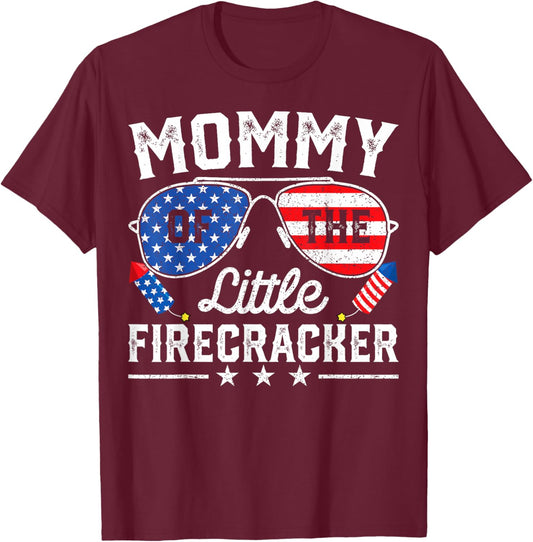 4th of July Birthday Mom Mommy Of The Little Firecracker T-Shirt - T-Shirt | Maroon