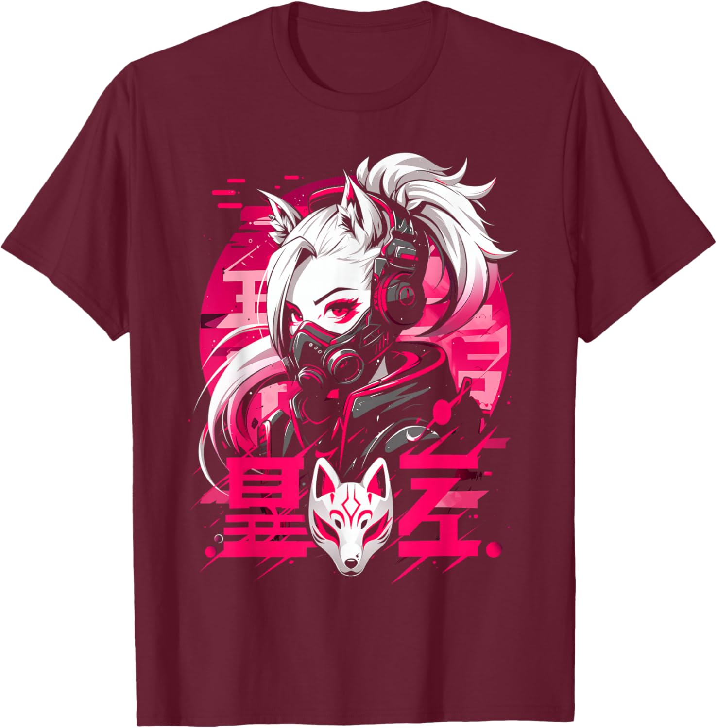 Anime Manga Cyberpunk Aesthetic Techwear Harajuku Kitsune T-Shirt - T-Shirt | Maroon