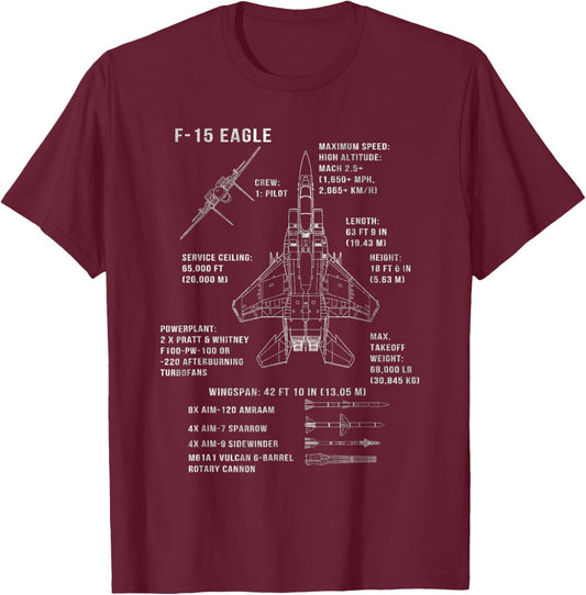 F-15 Eagle Specs Fighter Jet Military Aircraft Veteran T-Shirt - T-Shirt | Maroon