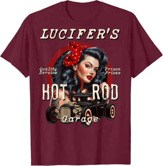 Lucifer's Super Hot Rod Pinup Girl Rockabilly Garage Retro T-Shirt - T-Shirt | Maroon