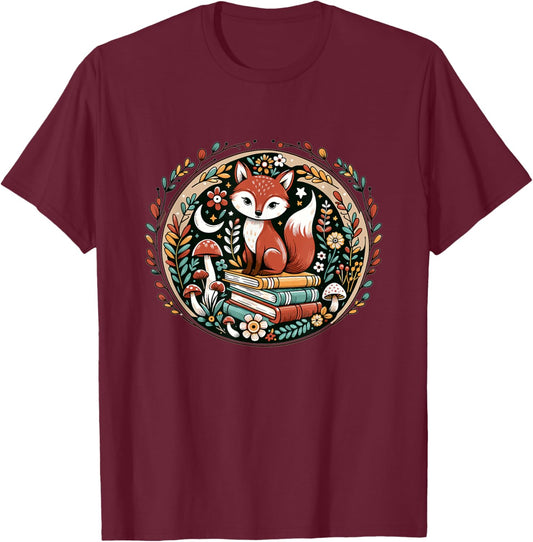 Fox Cottagecore Books Floral Cute Aesthetic Fox T-Shirt - T-Shirt | Maroon