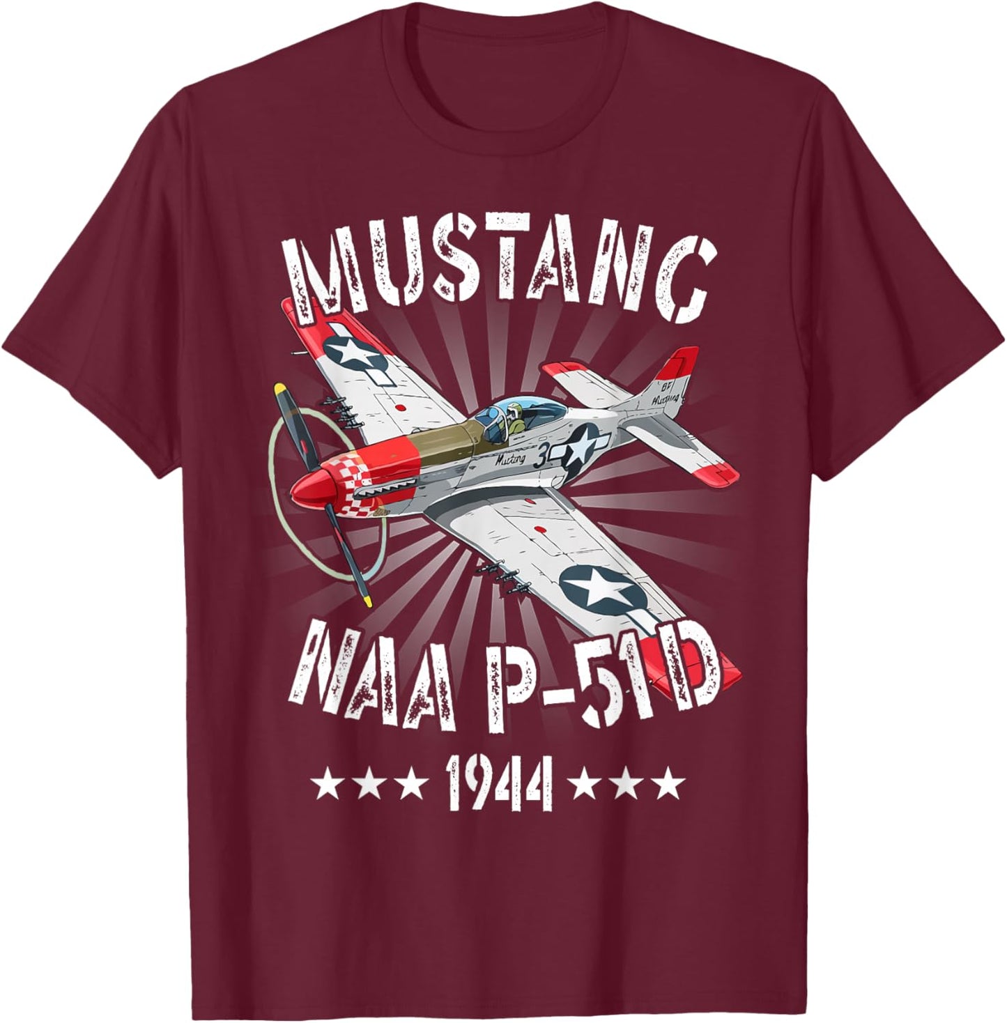 WW2 Planes Warbirds Fighter Aircraft Apparel P-51D Mustang Vintage North American P-51D Fighter Warbirds T-Shirt - T-Shirt | Maroon