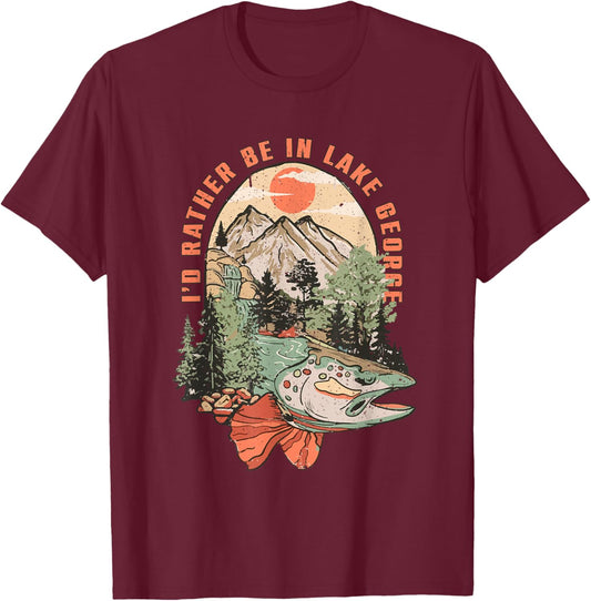Vintage Lake Trout Fishing Lake George New York Camping T-Shirt - T-Shirt | Maroon