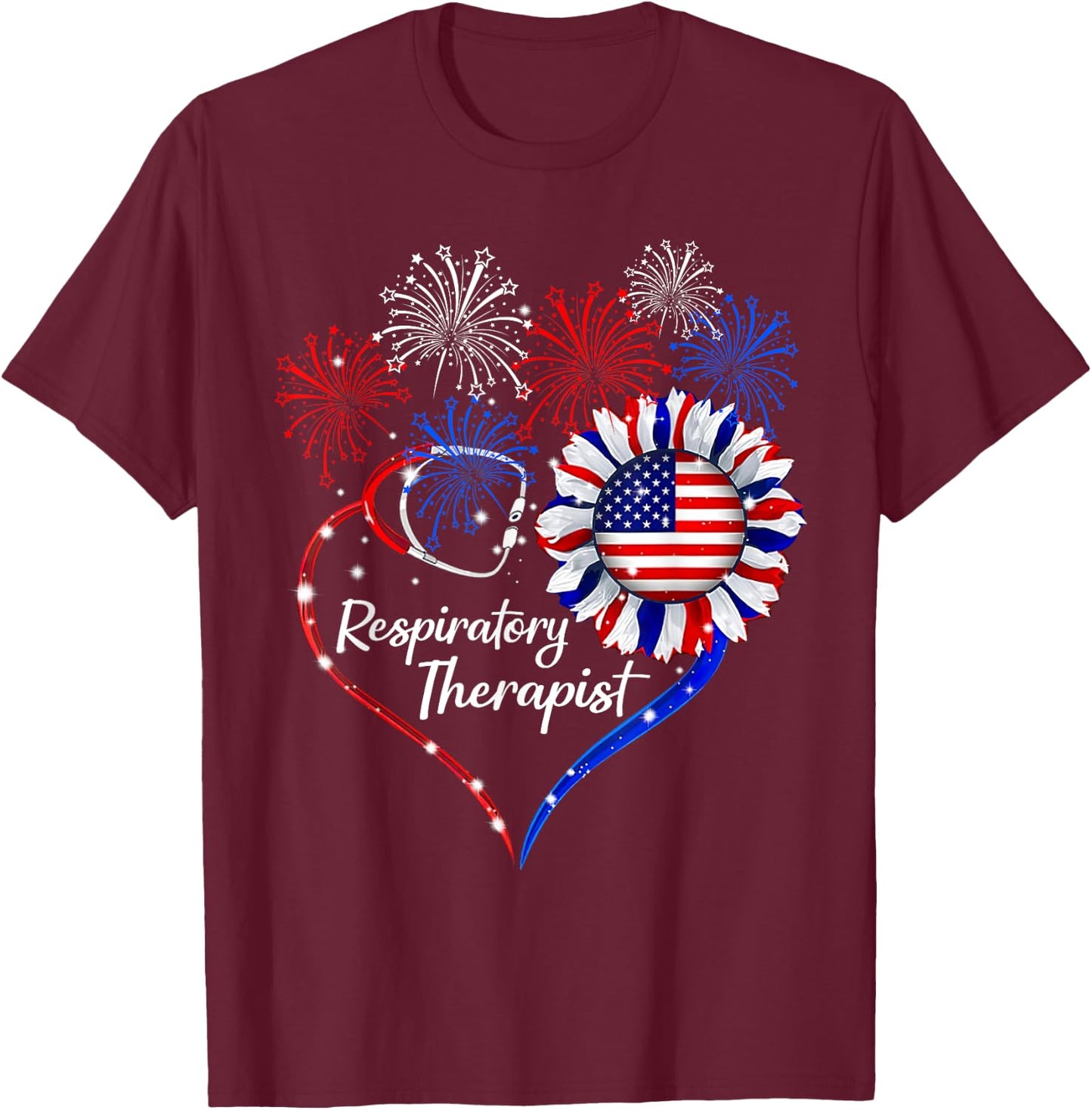 Patriotic Respiratory Therapist Sunflower 4th Of July Flag T-Shirt - T-Shirt | Maroon